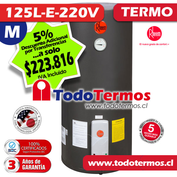 Termo Eléctrico RHEEM 125 Litros 220V al Muro