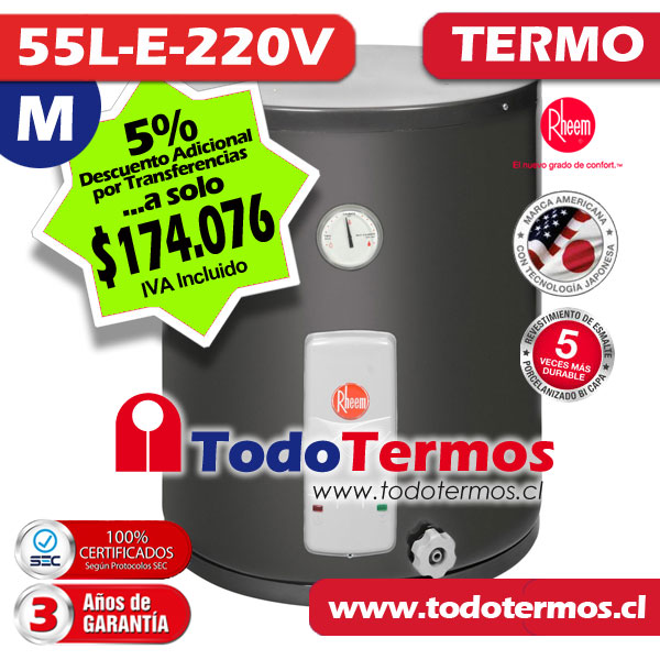 Termo Electrico RHEEM 55 Litros 220V al Muro