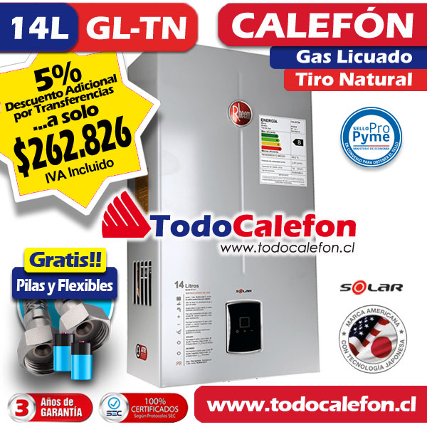Calefon RHEEM Tiro Natural 14 Litros Gas Licuado