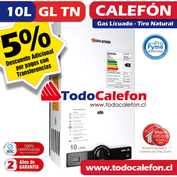 Calefon SPLENDID Tiro Natural Master 10 Litros Gas Licuado