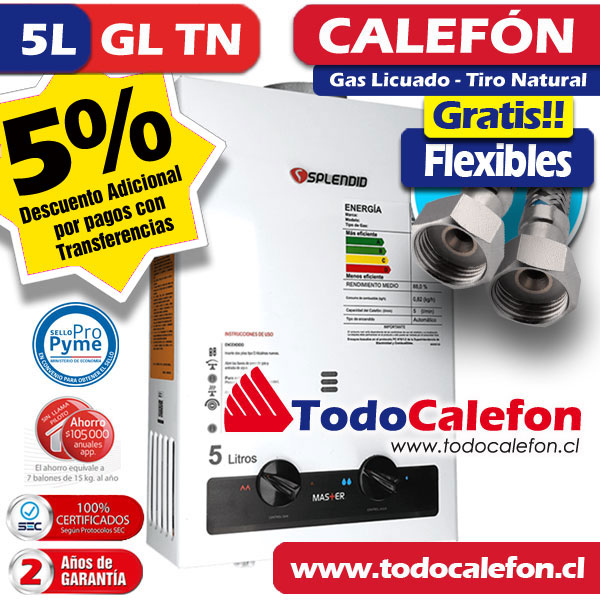 Calefon SPLENDID Tiro Natural Master 5 Litros Gas Licuado NUEVO