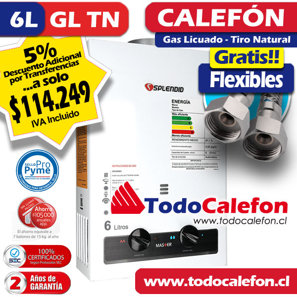 Calefon SPLENDID Tiro Natural Master 6 Litros Gas Licuado NUEVO
